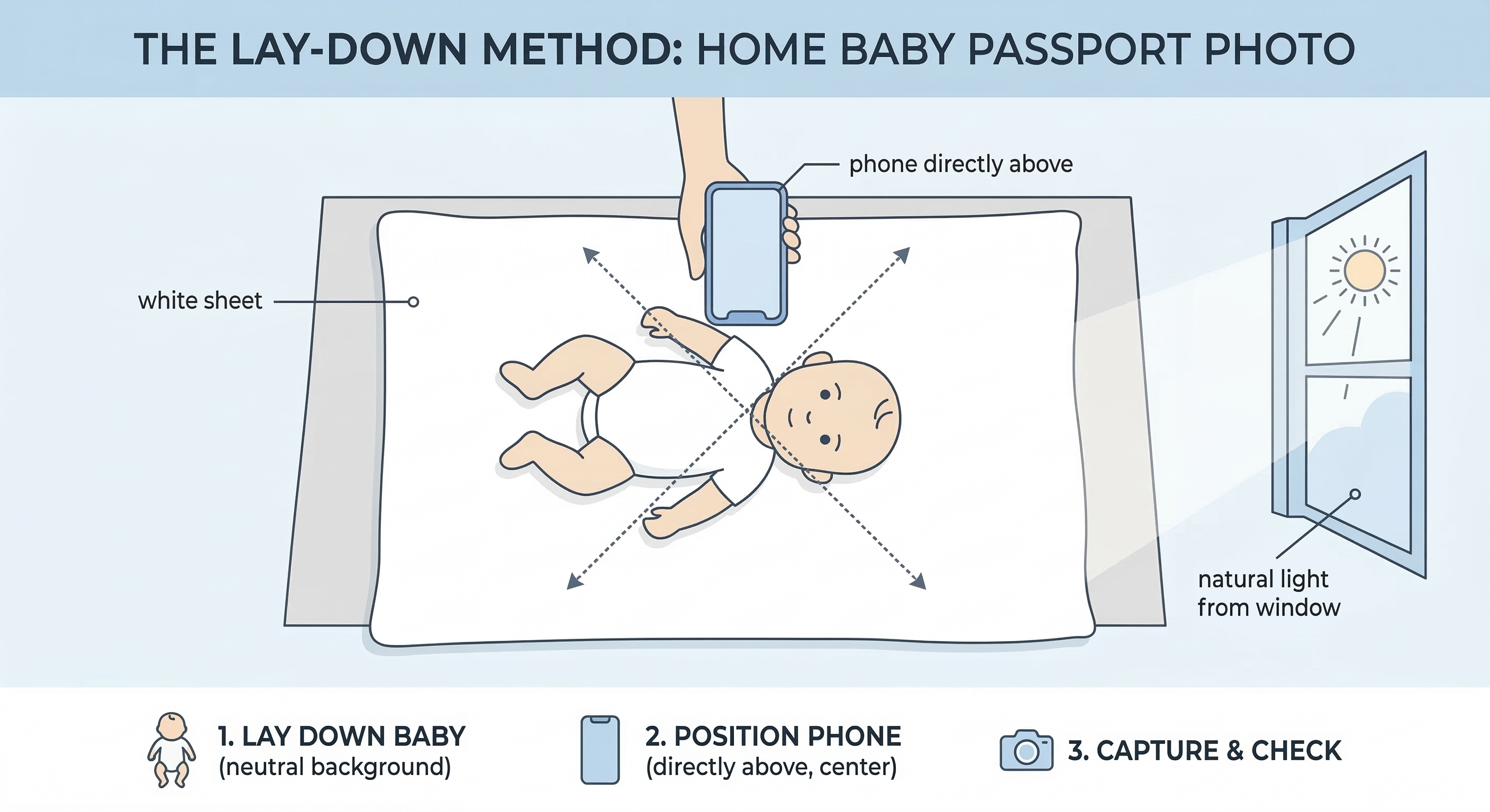 Diagram showing baby lying on white sheet with phone positioned directly above